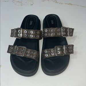 Zara Black Sandals with faux textured brown black straps with silver rivets | 42